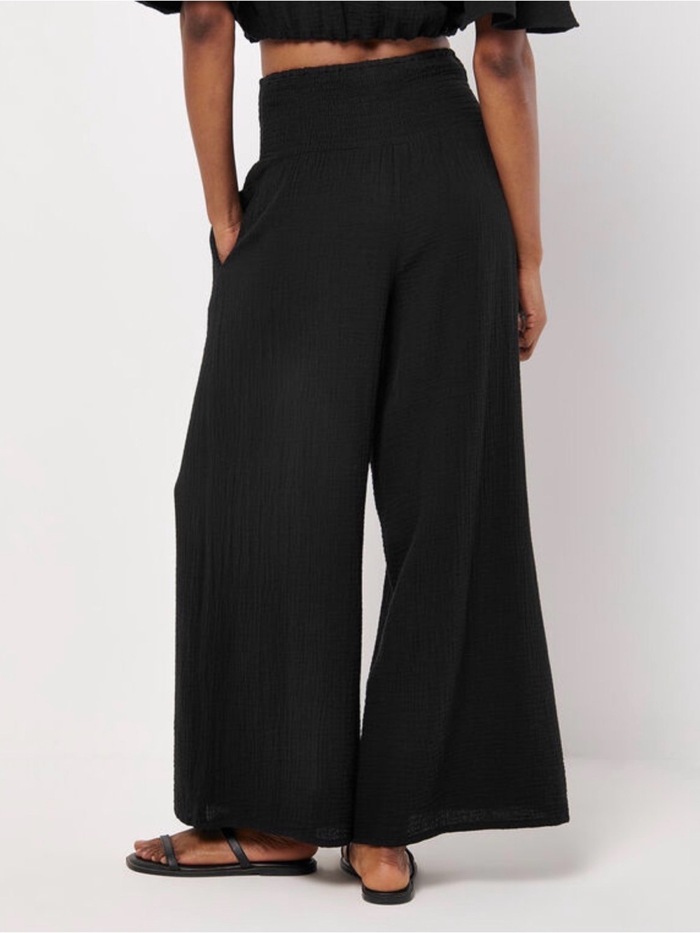 Wide Leg Textured Palazzo Trousers Elastic Waist Pants with Pockets, Black